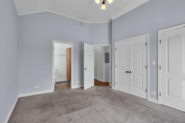 7153 W Irving Park Rd Unit 3, Chicago, IL 60634 - unfurnished bedroom featuring carpet flooring, a closet, connected bathroom, and high vaulted ceiling