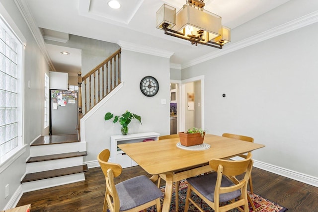 5639 W Cornelia Ave, Chicago, IL 60634 - dining space with stairs, wood finished floors, a chandelier, crown molding, and recessed lighting