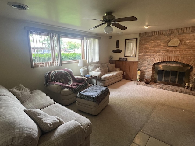 24005 S Green Heron Dr, Channahon, IL 60410 - living area with ceiling fan, carpet, and a brick fireplace