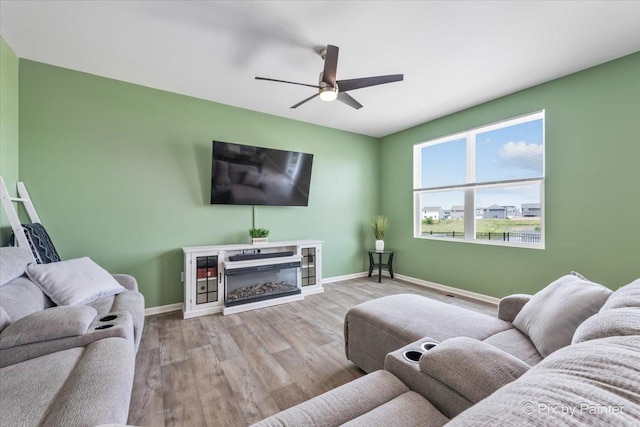 1360 Vineyard Ln, Pingree Grove, IL 60140 - living room featuring a ceiling fan, wood finished floors, and a glass covered fireplace