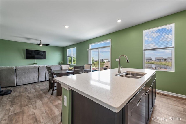 1360 Vineyard Ln, Pingree Grove, IL 60140 - kitchen with stainless steel dishwasher, wood finished floors, a center island with sink, ceiling fan, and open floor plan