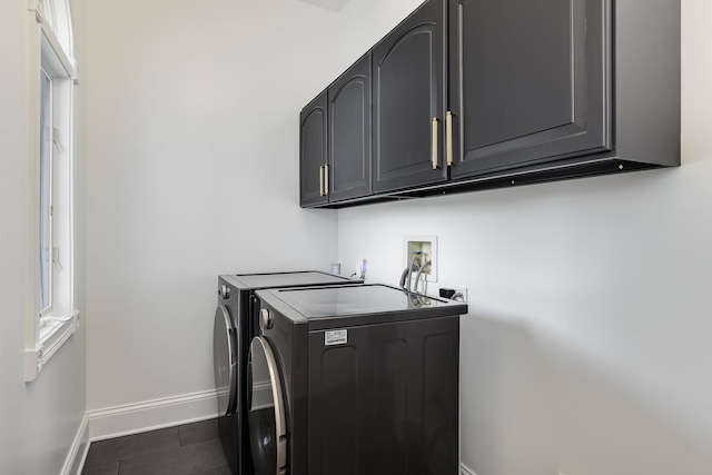 7 Loblolly Ct, Lemont, IL 60439 - laundry area featuring washer and clothes dryer, cabinet space, and dark tile patterned floors