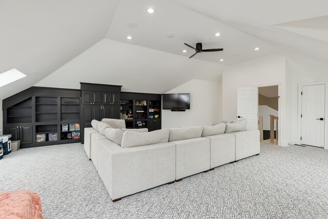 7 Loblolly Ct, Lemont, IL 60439 - carpeted living room with lofted ceiling, ceiling fan, recessed lighting, and a skylight