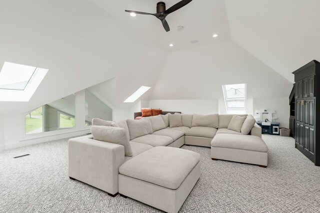 7 Loblolly Ct, Lemont, IL 60439 - living room featuring a skylight, lofted ceiling, carpet flooring, a ceiling fan, and recessed lighting