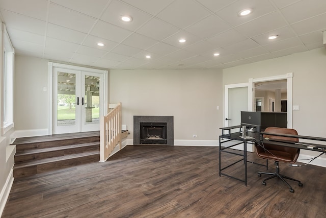 7 Loblolly Ct, Lemont, IL 60439 - home office featuring french doors, dark wood-type flooring, recessed lighting, and a fireplace