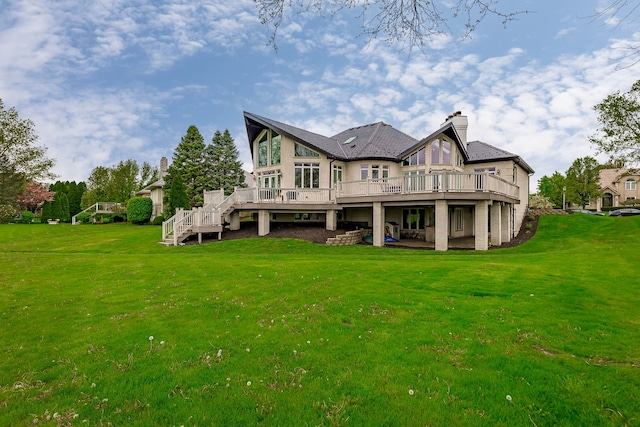7 Loblolly Ct, Lemont, IL 60439 - back of house with a wooden deck, a lawn, stairs, and a chimney