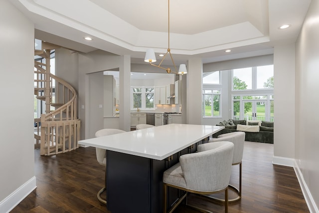7 Loblolly Ct, Lemont, IL 60439 - dining room with stairs, dark wood-style floors, a raised ceiling, and recessed lighting