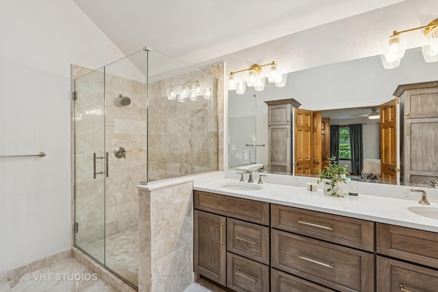 1909 Bridle Ct, Saint Charles, IL 60174 - bathroom featuring a shower stall, double vanity, a ceiling fan, and tile patterned flooring