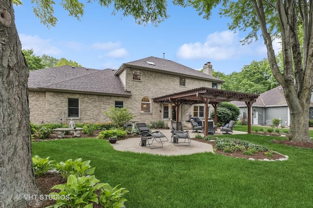 1909 Bridle Ct, Saint Charles, IL 60174 - back of house with a pergola, a patio, a yard, brick siding, and a chimney