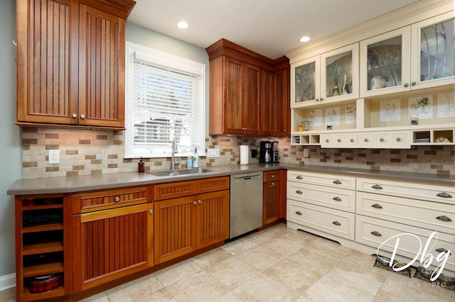 34119 N Hainesville Rd, Round Lake, IL 60073 - kitchen featuring dishwasher, decorative backsplash, glass insert cabinets, and recessed lighting