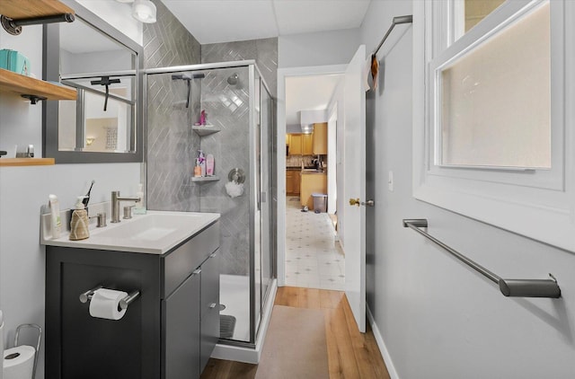 302 S Orr Dr, Normal, IL 61761 - bathroom featuring a shower stall, wood finished floors, and vanity