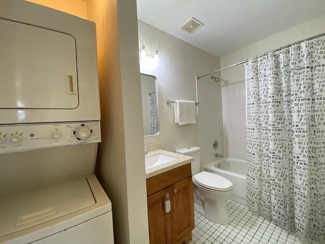 1340 Mcdowell Rd Unit 201, Naperville, IL 60563 - bathroom featuring stacked washing machine and dryer, vanity, tile patterned flooring, and shower / bath combination with curtain