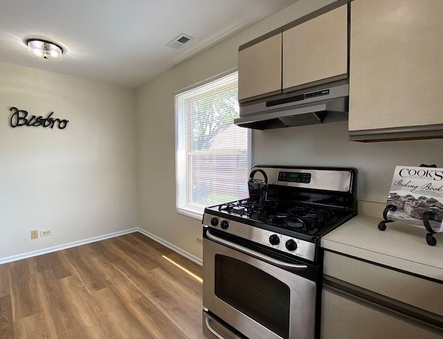 1340 Mcdowell Rd Unit 201, Naperville, IL 60563 - kitchen with stainless steel range with gas stovetop, under cabinet range hood, light countertops, and wood finished floors