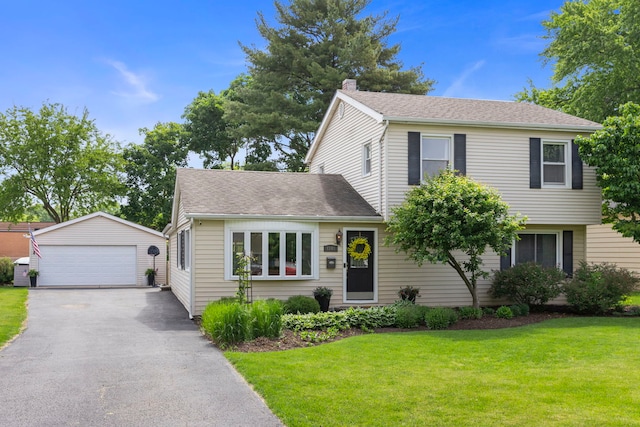 1341 S Sumner St, Wheaton, IL 60189 - view of front of property with an outdoor structure, a garage, a chimney, a front yard, and roof with shingles
