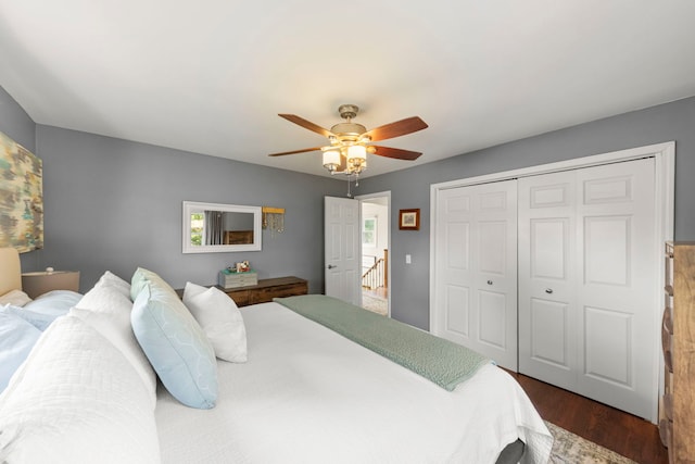 1341 S Sumner St, Wheaton, IL 60189 - bedroom with dark wood-style floors, ceiling fan, and a closet