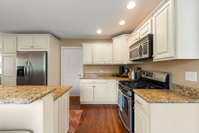 1341 S Sumner St, Wheaton, IL 60189 - kitchen with appliances with stainless steel finishes, dark wood-type flooring, recessed lighting, light stone countertops, and white cabinetry
