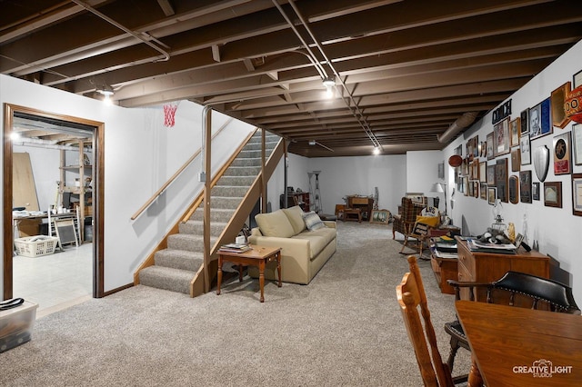 1306 Riverview Dr, Joliet, IL 60431 - below grade area with stairs and carpet flooring