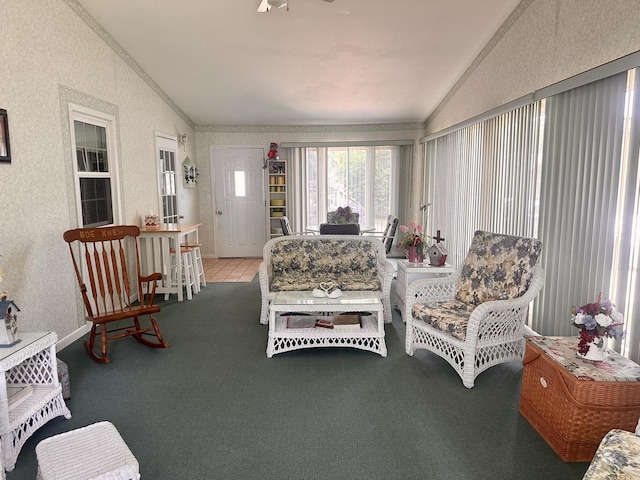 411 1st Ave, Ottawa, IL 61350 - living room featuring vaulted ceiling, ornamental molding, and carpet