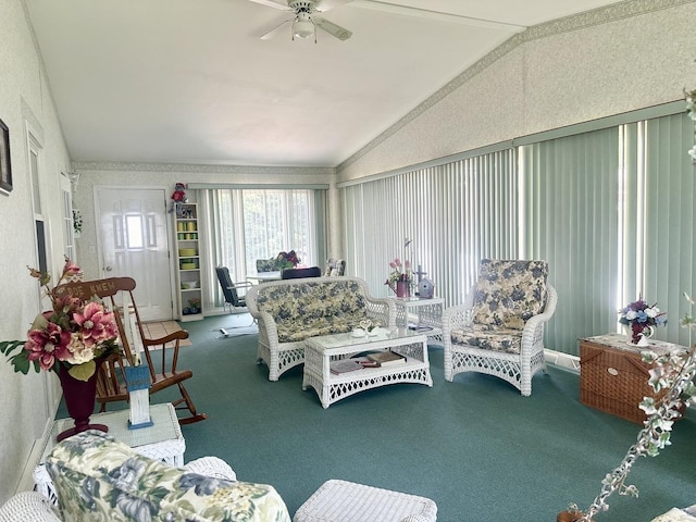 411 1st Ave, Ottawa, IL 61350 - living room with vaulted ceiling, carpet, and ceiling fan