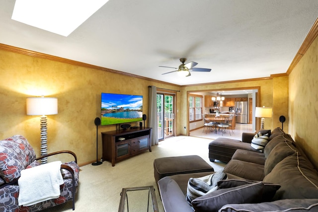 747 Warwick Ct, Carol Stream, IL 60188 - living area featuring light colored carpet, ceiling fan, ornamental molding, and a chandelier