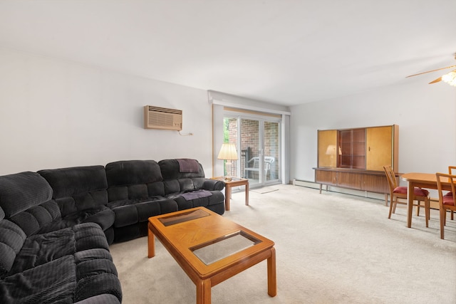 living room featuring light carpet, a wall mounted air conditioner, and a ceiling fan
