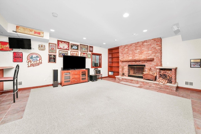 15501 116th Ct, Orland Park, IL 60467 - living room with built in features, a fireplace, recessed lighting, and light tile patterned flooring