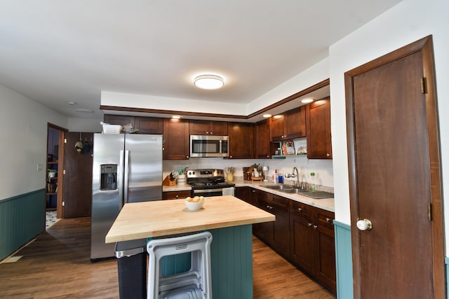 109 E Seminole St, Dwight, IL 60420 - kitchen featuring appliances with stainless steel finishes, wood counters, dark wood-style floors, a wainscoted wall, and a kitchen island