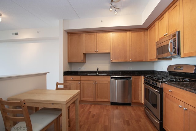 8440 Callie Ave Unit 410, Morton Grove, IL 60053 - kitchen with appliances with stainless steel finishes, light wood-style flooring, dark stone counters, and rail lighting