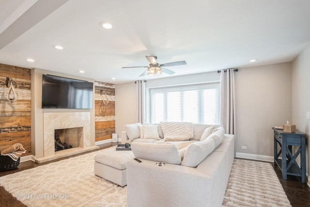 6140 Ruby St, Rosemont, IL 60018 - living area with recessed lighting, a ceiling fan, dark wood-type flooring, and a premium fireplace