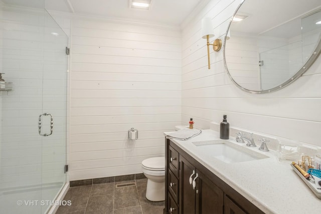 6140 Ruby St, Rosemont, IL 60018 - bathroom featuring a shower stall, vanity, crown molding, and wooden walls