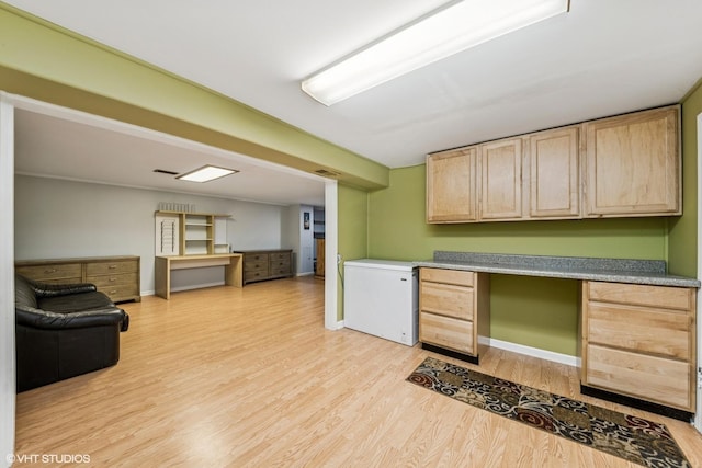 320 Pleasant St, Hoffman Estates, IL 60169 - kitchen featuring light brown cabinetry, built in study area, light wood-type flooring, and open floor plan