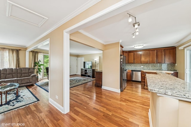 320 Pleasant St, Hoffman Estates, IL 60169 - kitchen featuring stainless steel appliances, open floor plan, light wood finished floors, backsplash, and ornamental molding