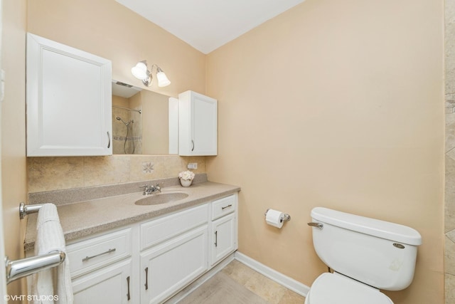 320 Pleasant St, Hoffman Estates, IL 60169 - bathroom with vanity, tiled shower, backsplash, and tile patterned floors