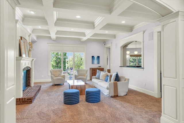 4905 Peifer Ln, Champaign, IL 61822 - carpeted living room with recessed lighting, beamed ceiling, coffered ceiling, crown molding, and a fireplace