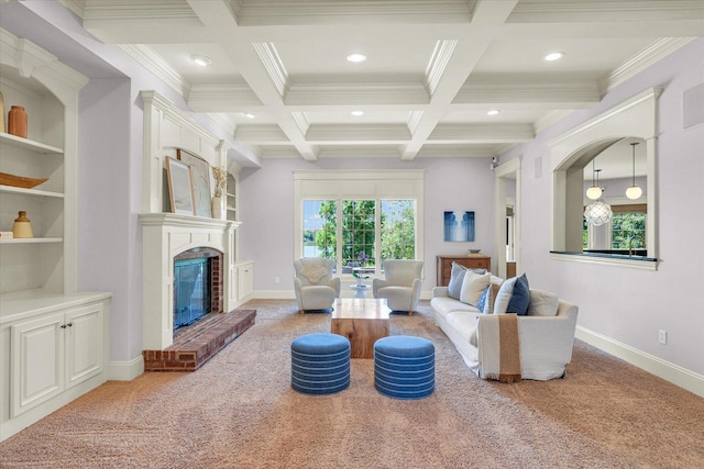 4905 Peifer Ln, Champaign, IL 61822 - carpeted living room with recessed lighting, beam ceiling, a brick fireplace, ornamental molding, and coffered ceiling