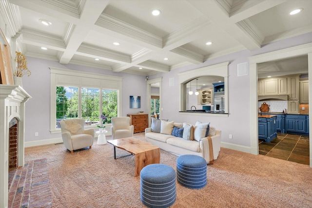 4905 Peifer Ln, Champaign, IL 61822 - living area featuring dark colored carpet, coffered ceiling, recessed lighting, beam ceiling, and ornamental molding