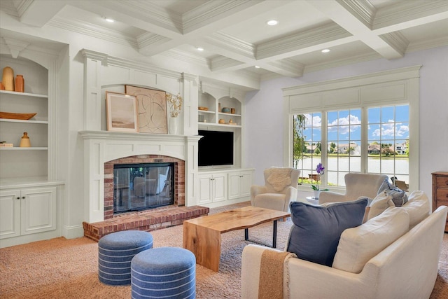 4905 Peifer Ln, Champaign, IL 61822 - carpeted living room with built in shelves, crown molding, coffered ceiling, beam ceiling, and recessed lighting