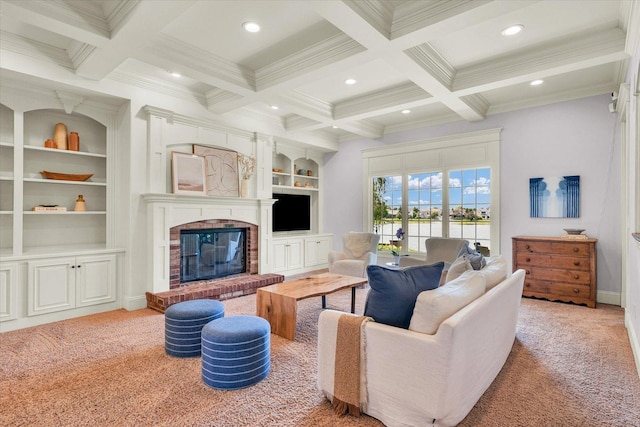 4905 Peifer Ln, Champaign, IL 61822 - carpeted living room featuring recessed lighting, beamed ceiling, ornamental molding, built in features, and a brick fireplace