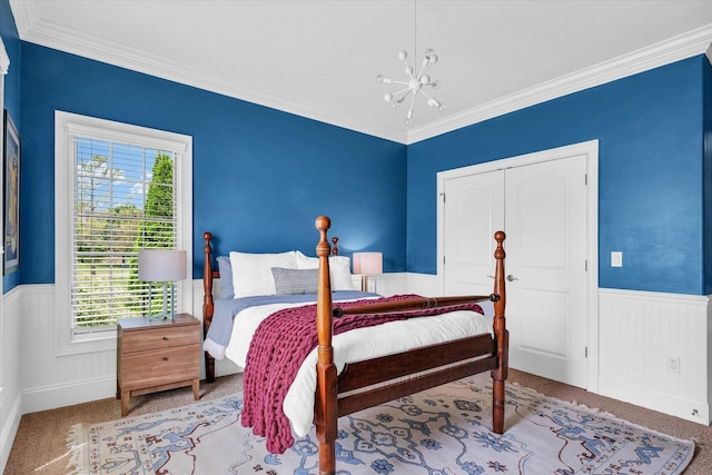 4905 Peifer Ln, Champaign, IL 61822 - bedroom featuring multiple windows, wainscoting, carpet, a chandelier, and ornamental molding