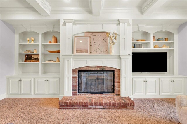 4905 Peifer Ln, Champaign, IL 61822 - living room featuring crown molding, carpet floors, beam ceiling, a brick fireplace, and built in features