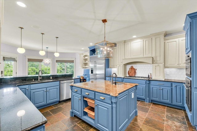 4905 Peifer Ln, Champaign, IL 61822 - kitchen featuring blue cabinets, stainless steel appliances, open shelves, stone tile floors, and recessed lighting