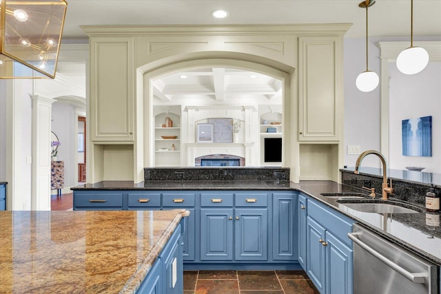 4905 Peifer Ln, Champaign, IL 61822 - kitchen featuring stainless steel dishwasher, blue cabinetry, beamed ceiling, hanging light fixtures, and dark stone counters