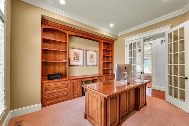 4905 Peifer Ln, Champaign, IL 61822 - office area with light colored carpet, crown molding, french doors, and recessed lighting