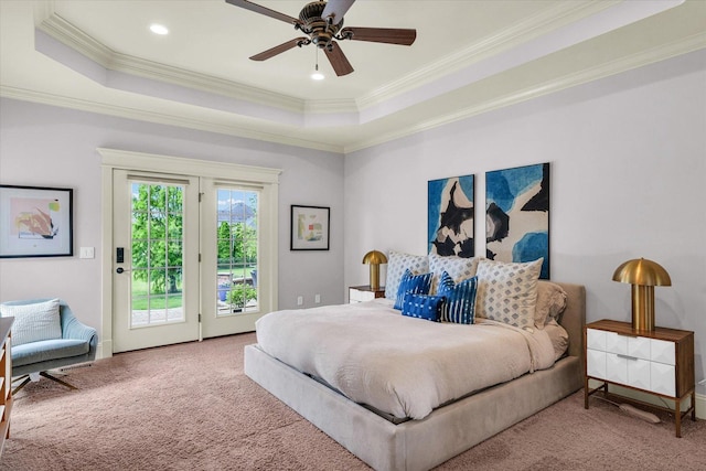 4905 Peifer Ln, Champaign, IL 61822 - carpeted bedroom featuring access to outside, a raised ceiling, ornamental molding, and ceiling fan