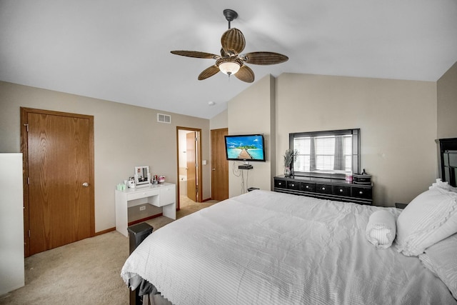 8304 Trumbull Ave, Joliet, IL 60431 - carpeted bedroom featuring ceiling fan, connected bathroom, and high vaulted ceiling