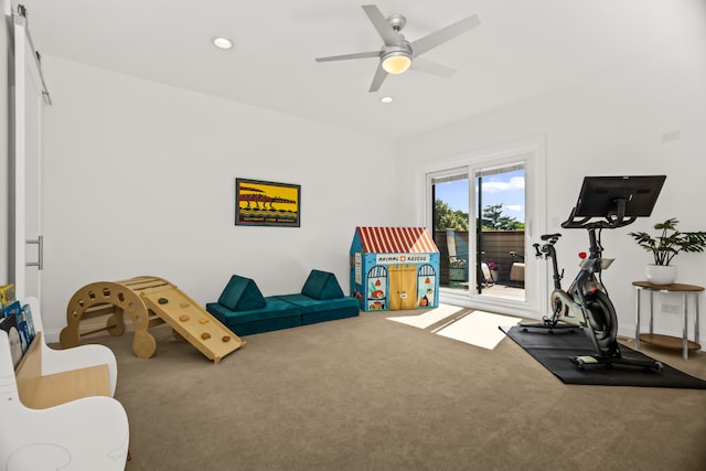 643 Custer Ave, Evanston, IL 60202 - workout area featuring carpet flooring, a ceiling fan, and recessed lighting