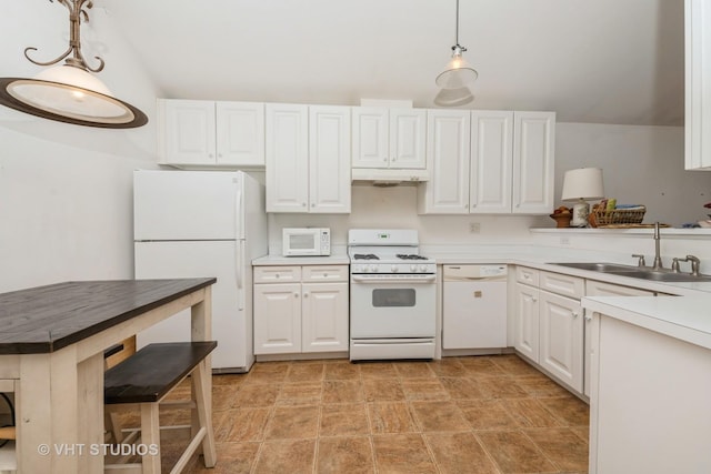 601 Cary Woods Cir Unit 601, Cary, IL 60013 - kitchen with white appliances, white cabinets, decorative light fixtures, light countertops, and lofted ceiling