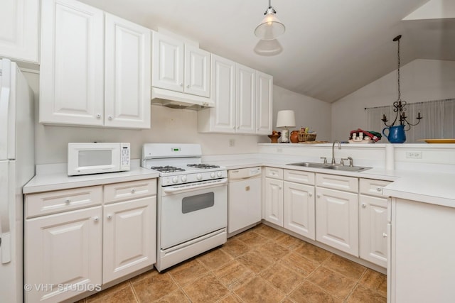 601 Cary Woods Cir Unit 601, Cary, IL 60013 - kitchen featuring white appliances, vaulted ceiling, light countertops, under cabinet range hood, and white cabinets