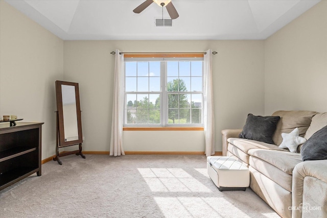 16260 W Mohawk Ct, Lockport, IL 60441 - living room with vaulted ceiling, light colored carpet, and a ceiling fan
