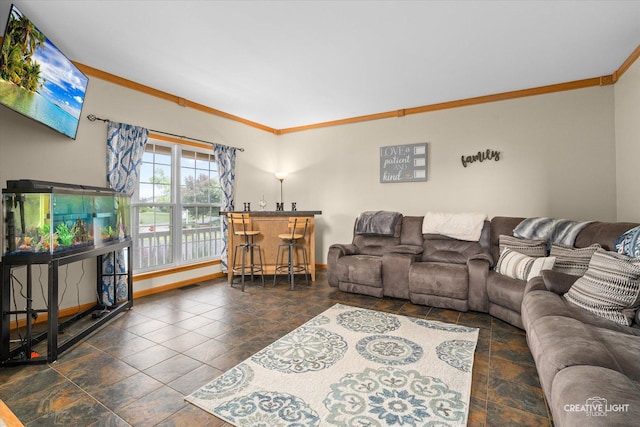 16260 W Mohawk Ct, Lockport, IL 60441 - living room featuring crown molding, a dry bar, and stone finish flooring